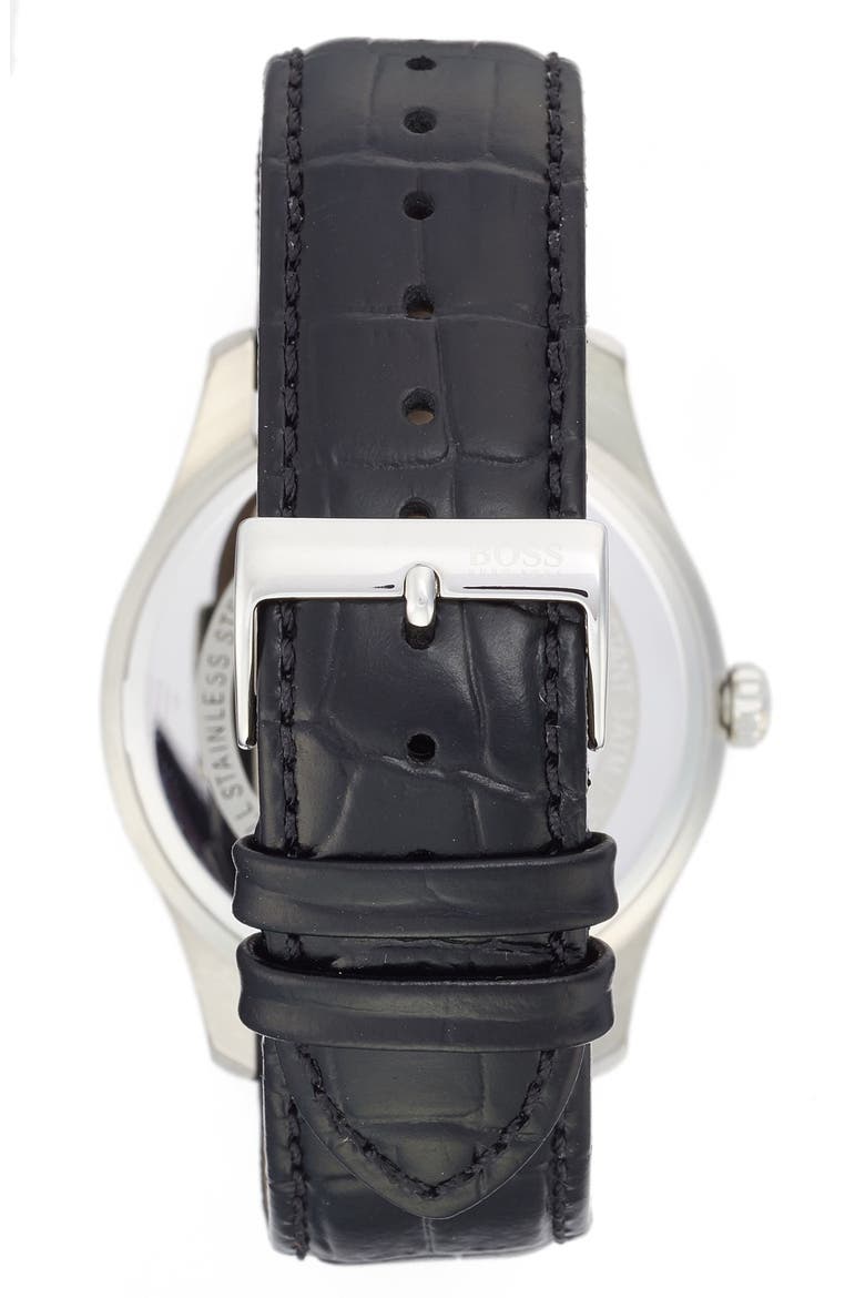 'Ambassador' Embossed Leather Strap Watch, 43mm, Alternate, color, BLUE DIAL