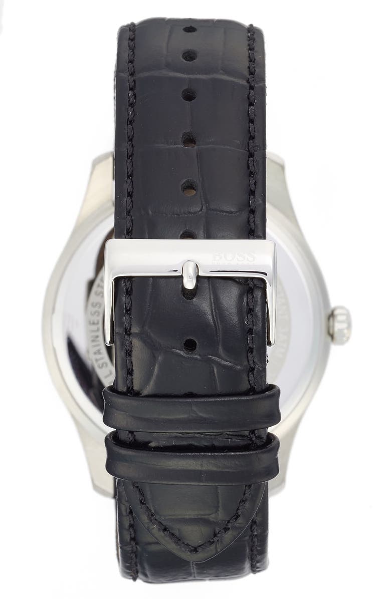 BOSS 'Ambassador' Embossed Leather Strap Watch, 43mm, Alternate, color, Blue Dial