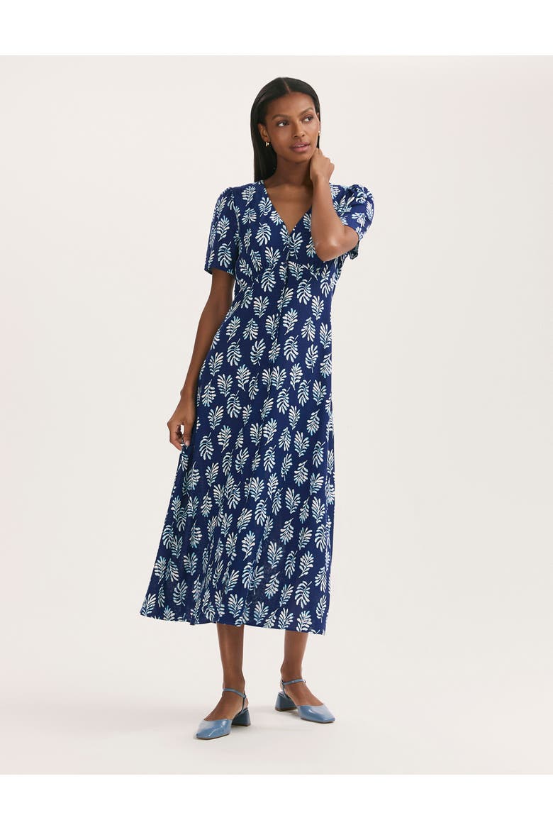 Martina Printed Crepe Midi Dress, Main, color, Navy Woodblock