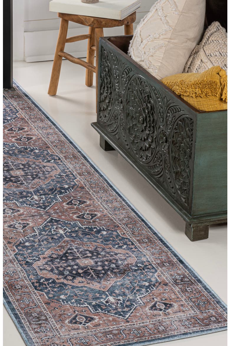 Alacati Ogee Medallion Machine-Washable Area Rug, Alternate, color, Navy/Brown