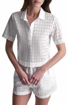 Short Sleeve Eyelet Johnny Collar Top