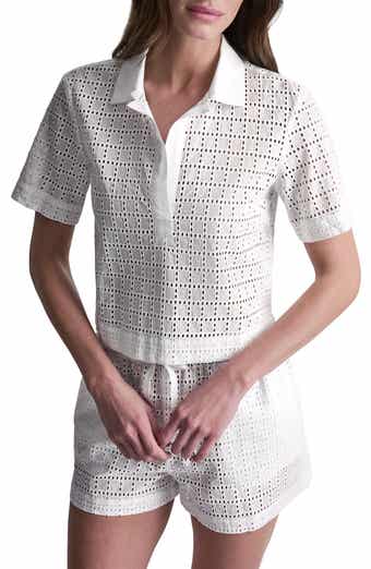 Short Sleeve Eyelet Johnny Collar Top