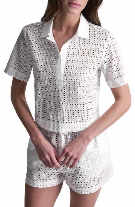 Short Sleeve Eyelet Johnny Collar Top