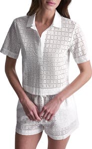 DKNY Short Sleeve Eyelet Johnny Collar Top