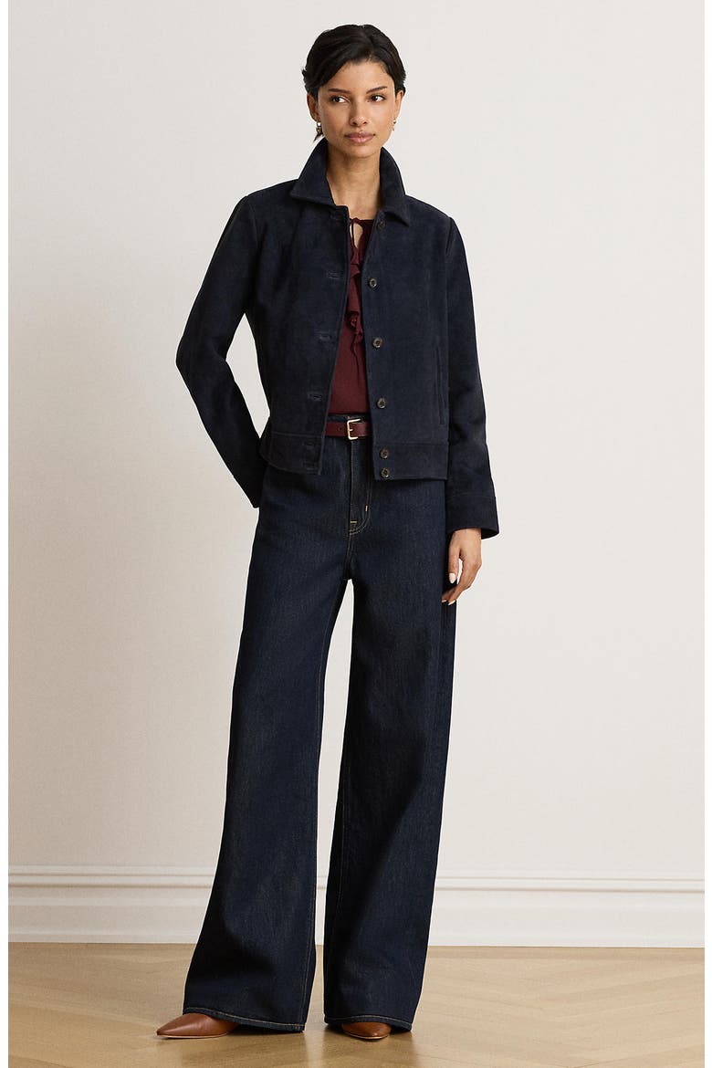 Leather Suede Button Front Jacket, Alternate, color, DARK NAVY