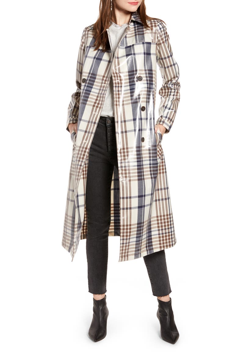 Water Resistant Plaid Glossy Trench Coat (Nordstrom Exclusive), Main, color, IVORY BIRCH TAYLOR PLAID
