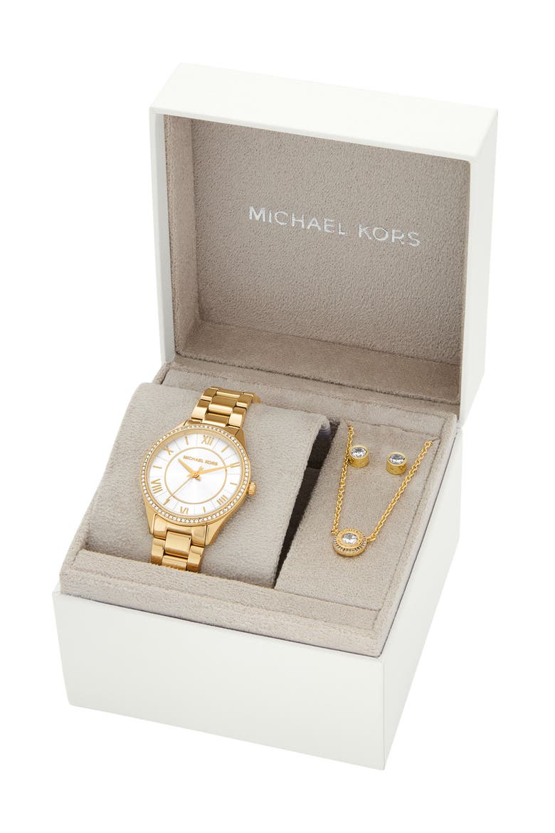 Lauryn Quartz Bracelet Watch, Stud Earrings & Necklace Set, 33mm, Alternate, color, GOLD