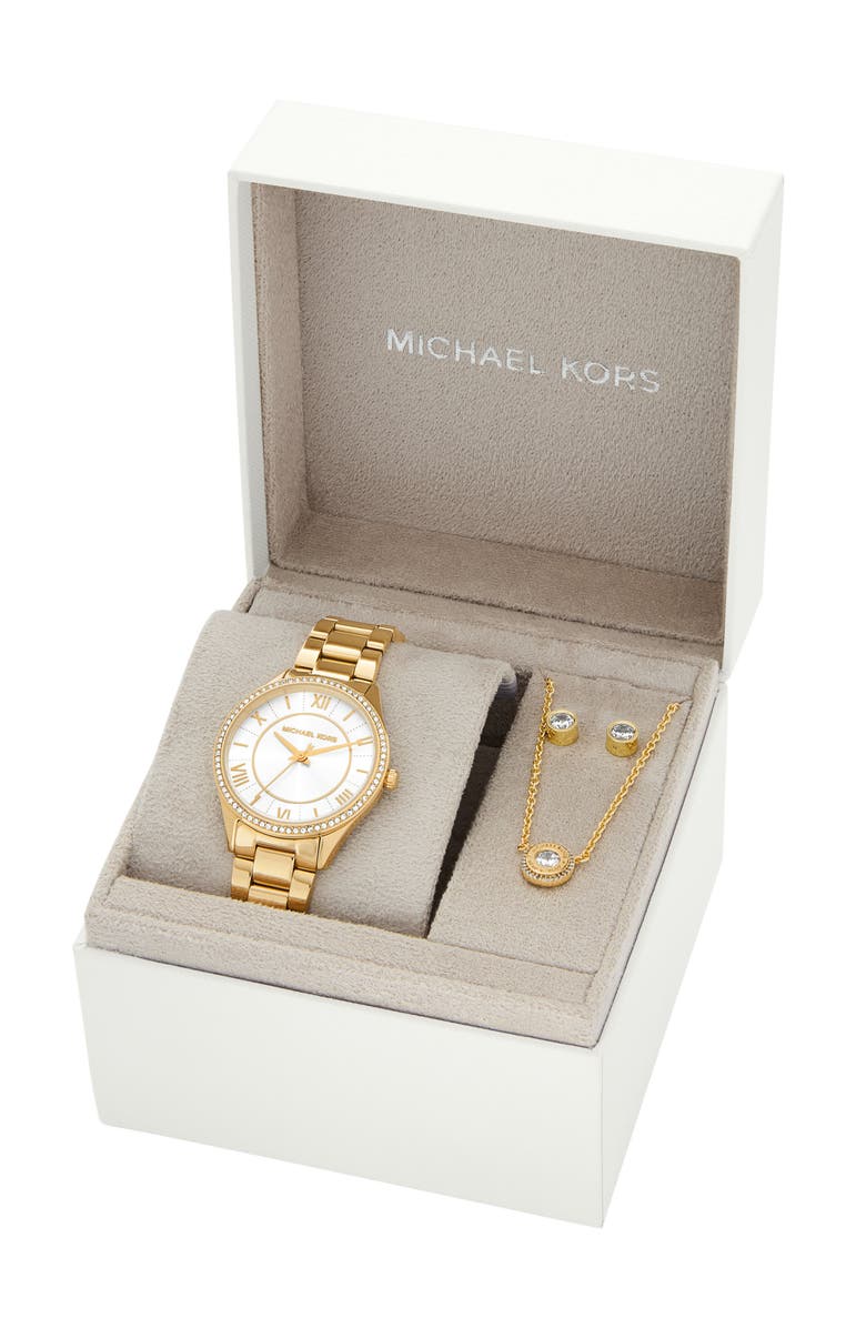 Michael Kors Lauryn Quartz Bracelet Watch, Stud Earrings & Necklace Set, 33mm, Alternate, color, Gold