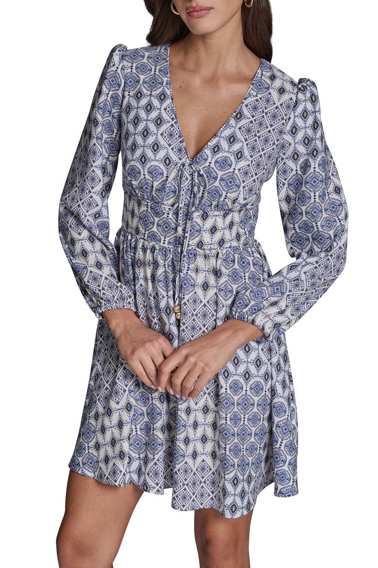Medallion Print Long Sleeve Crepe Minidress, Alternate, color, PRINTED CREPE