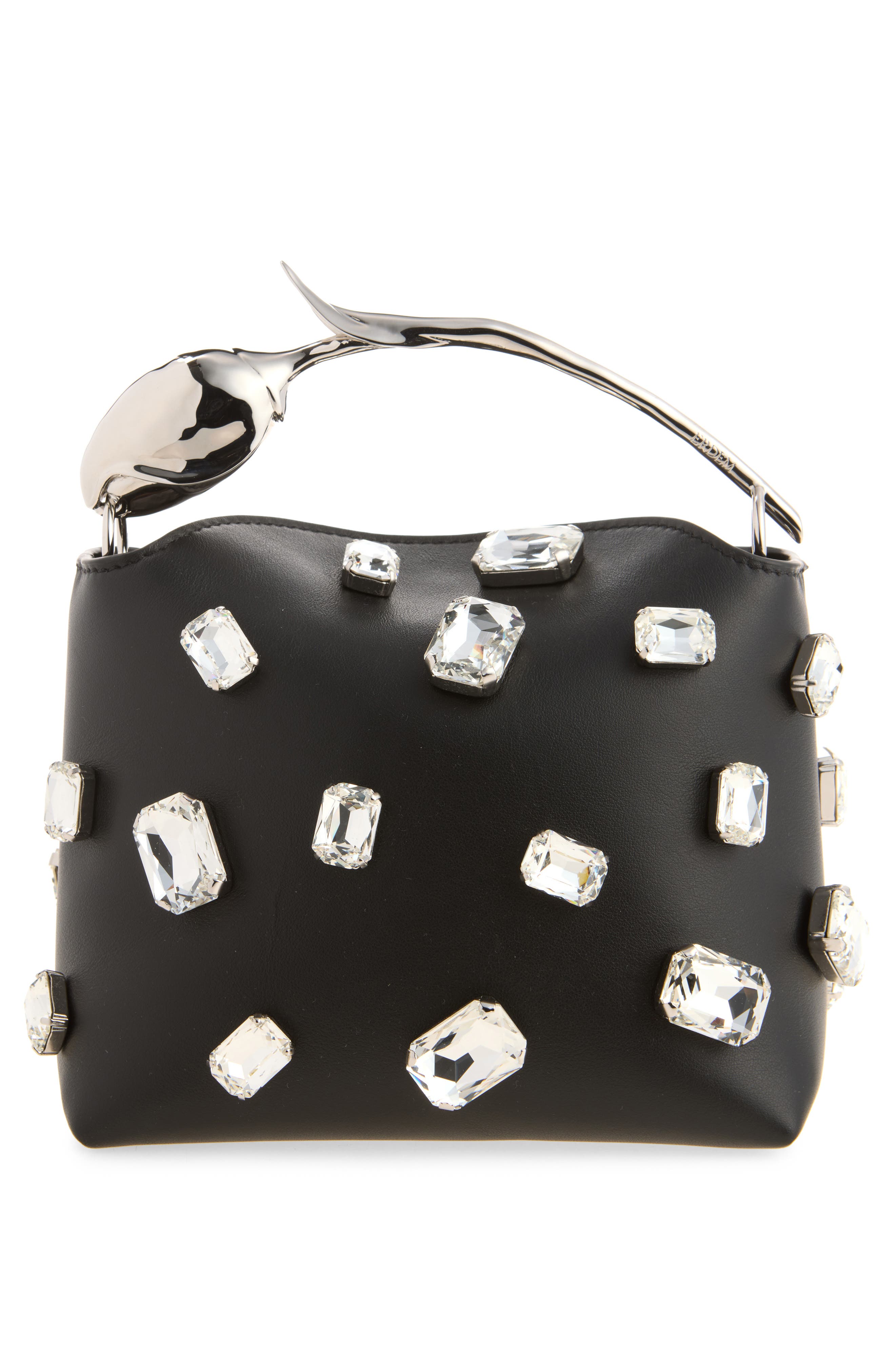 Mini Bloom Crystal Embellished Leather Handbag, Alternate, color, BLACK