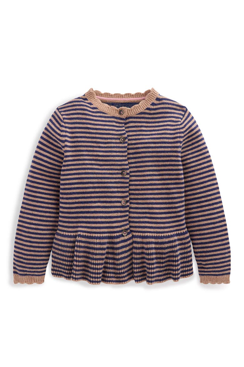 Kids' Pretty Peplum Cardigan, Main, color, CAMEL/ COLLEGE NAVY STRIPE