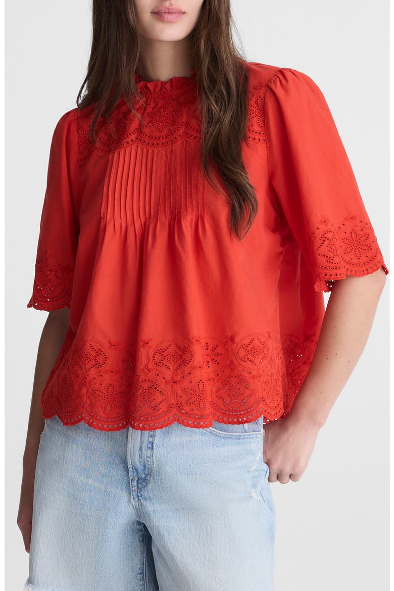 Embroidered Pintuck High Neck Cotton Voile Top, Main, color, WILD POPPY