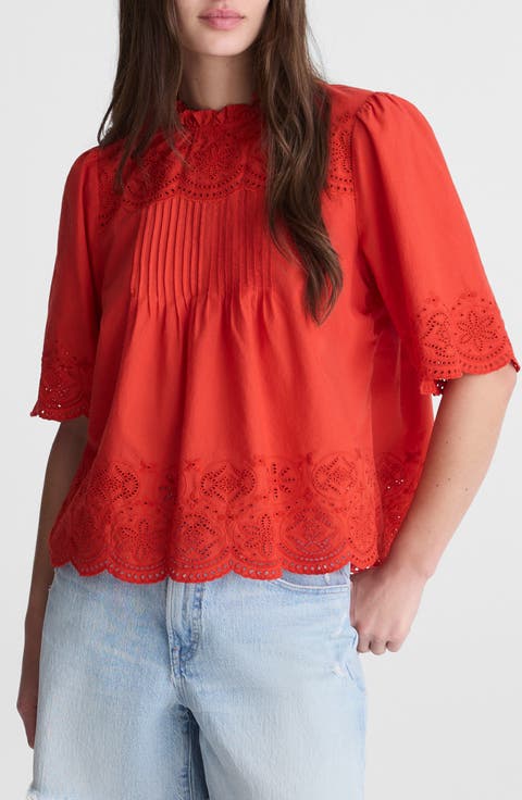Embroidered Pintuck High Neck Cotton Voile Top