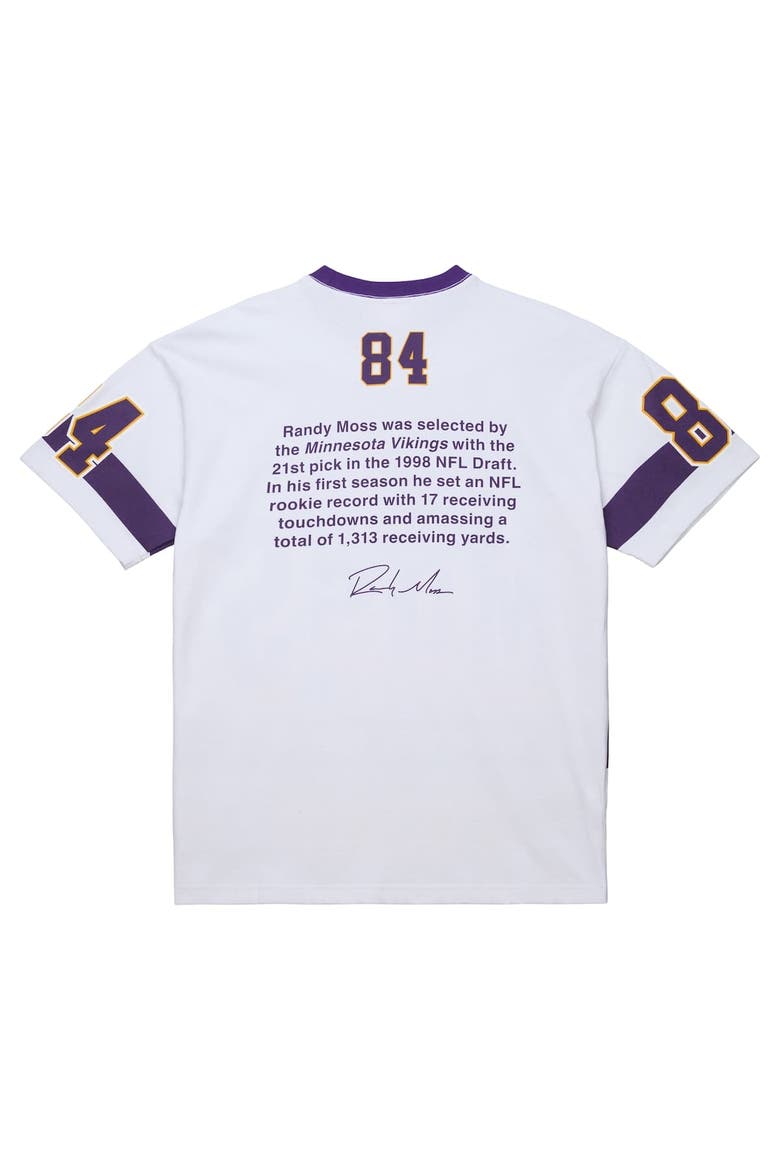 Men's Mitchell & Ness Randy Moss White Minnesota Vikings Name & Number Team Origins Vintage Logo T-Shirt, Alternate, color, White