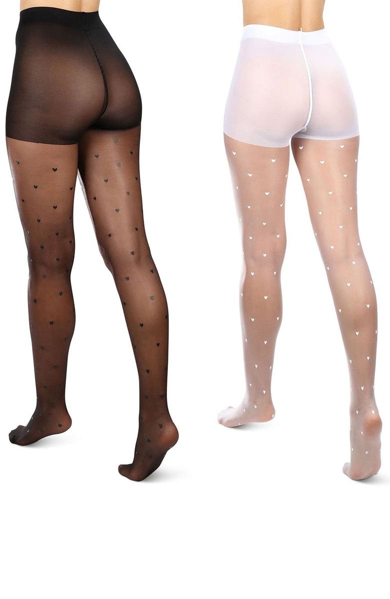 MeMoi Mini Heart Assorted 2-Pack Sheer Tights, Alternate, color, Black-White