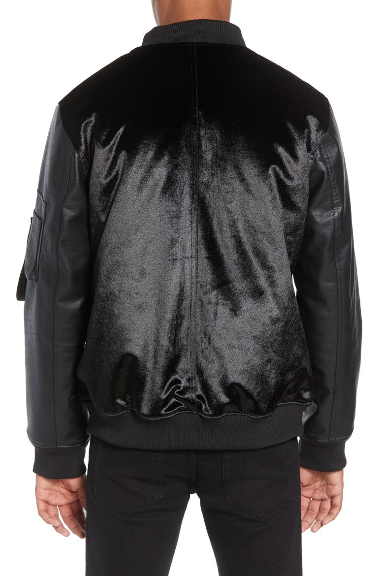 Velvet Bomber Jacket with Faux Leather Sleeves, Alternate, color, BLACK