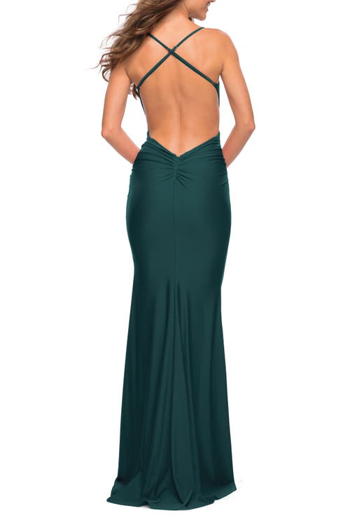La Femme Prom Dress With Knot At Waist And Open Back In Emerald