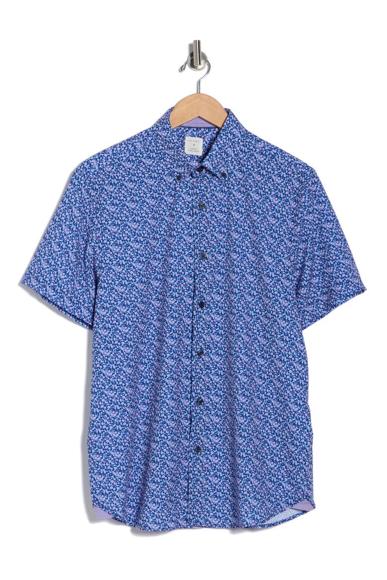 Slim Fit Floral Leaf Print Short Sleeve Button-Down Shirt, Alternate, color, NAVY/ PURPLE