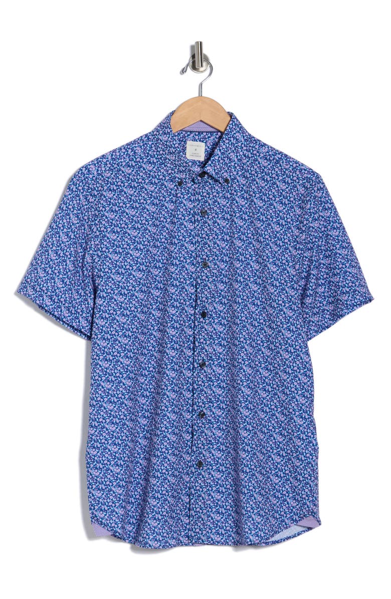 CONSTRUCT Slim Fit Floral Leaf Print Short Sleeve Button-Down Shirt, Main, color, 