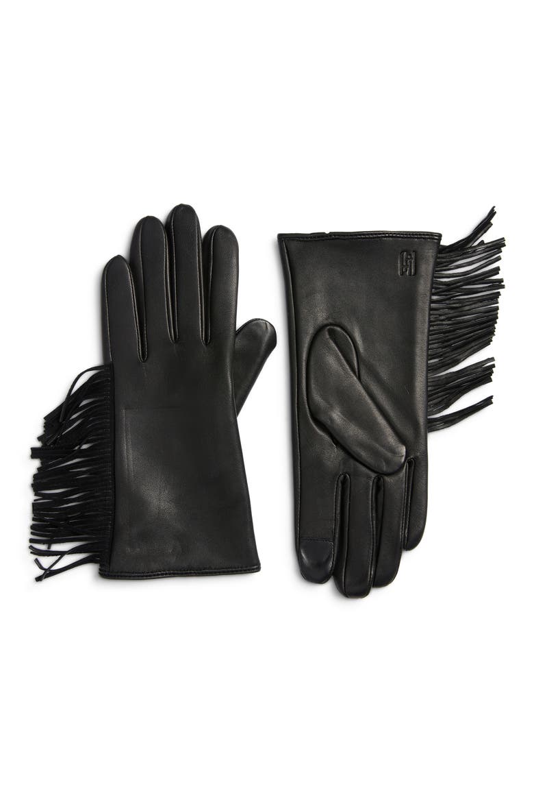 Vesper Fringed Tech Leather Gloves, Main, color, BLACK