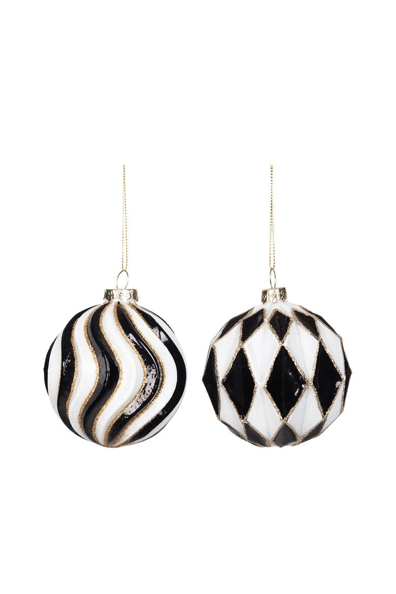 Black & White Glass Set of 2 Christmas Round Bulb Ornaments, Main, color, Black