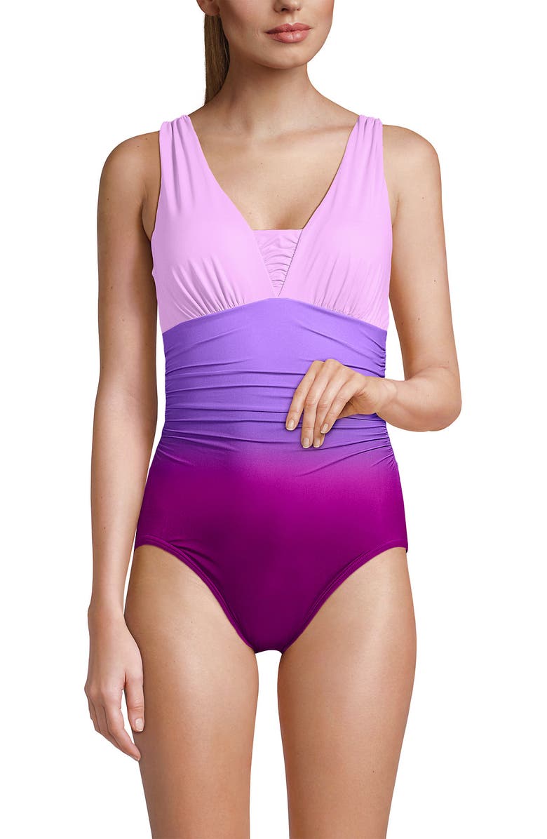 Lands' End D-Cup Slender Suit Grecian Low Leg One Piece Swimsuit, Alternate, color, Crimson Rose/Purple Ombre
