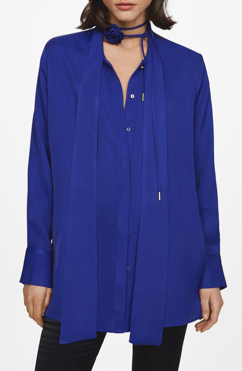 MANGO Flower Choker Tie Neck Button-Up Top, Main, color, 