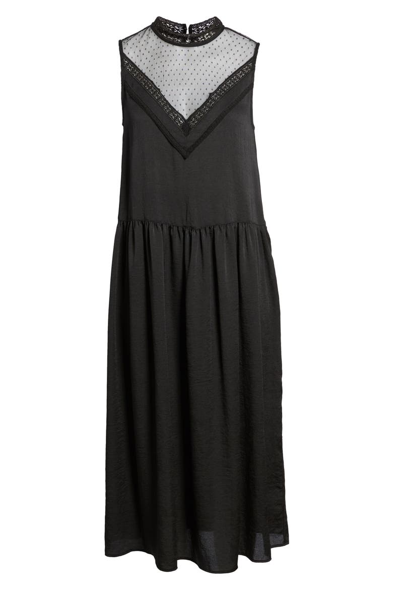 Mesh Panel Midi Dress, Alternate, color, BLACK