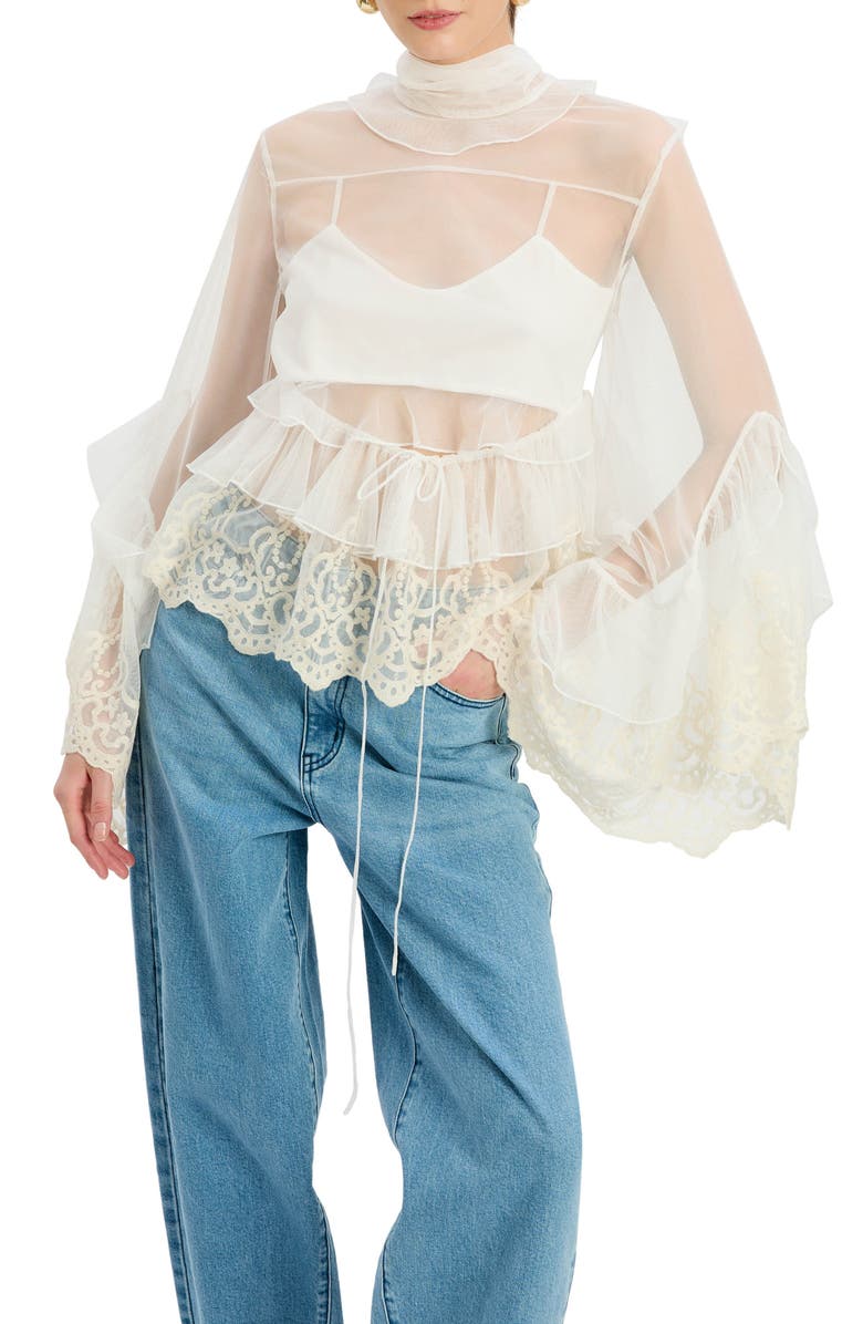 Bardot Anyssa Ruffle Chiffon Babydoll Top, Main, color, Ivory