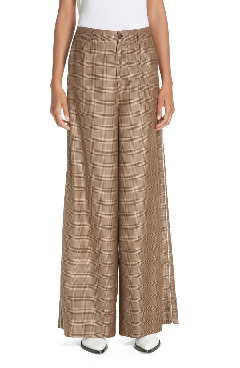 Ganni Merkel Glen Plaid Wide Leg Silk & Wool Pants, Main, color,