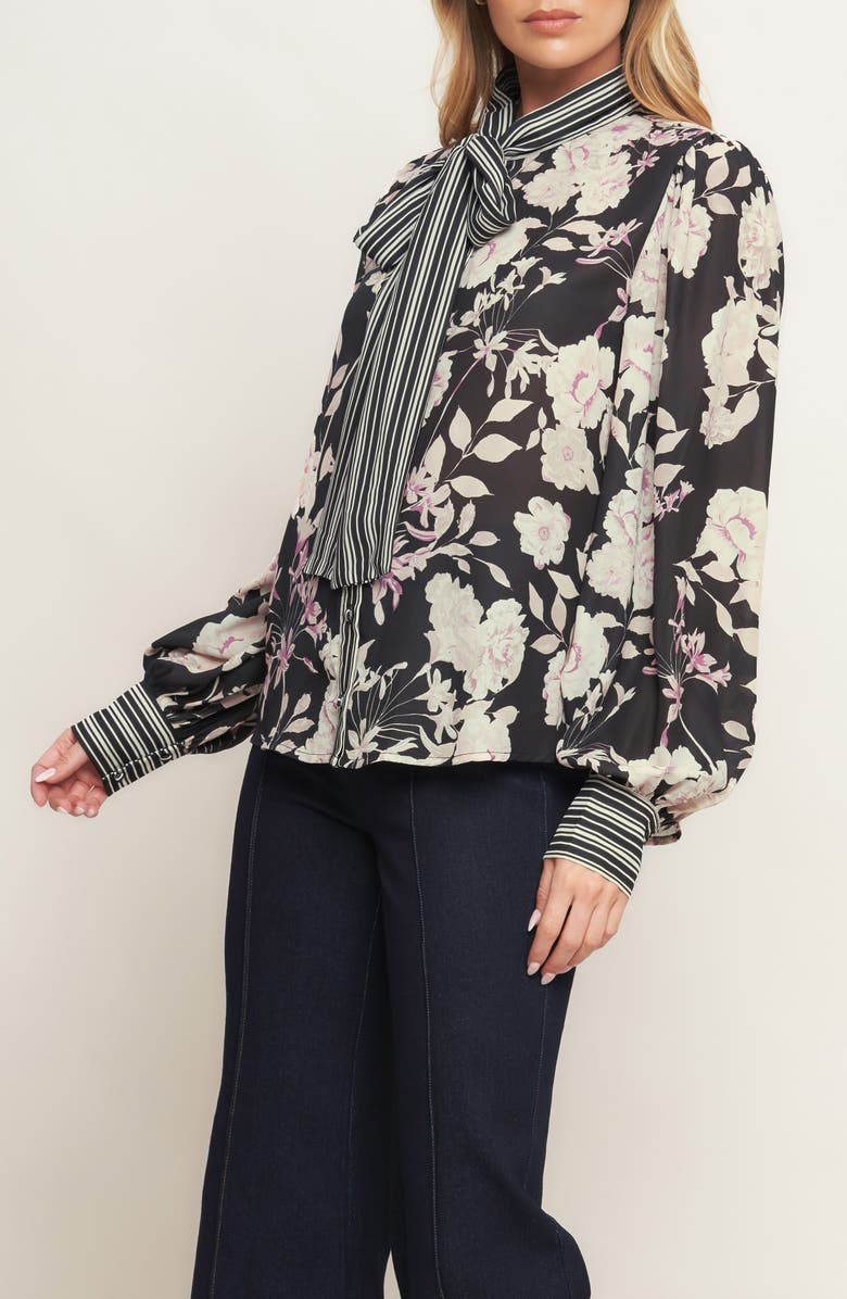 FLYING TOMATO Neck Tie Long Sleeve Woven Top, Alternate, color, Black