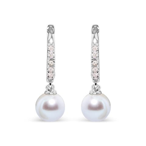 10K White Gold Cultured Freshwater Pearl and Diamond Accent Drop Earring