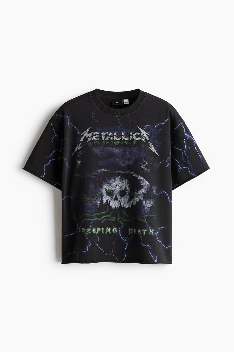 Oversized Printed Raw-edge Cotton T-shirt, Alternate, color, Black/Metallica