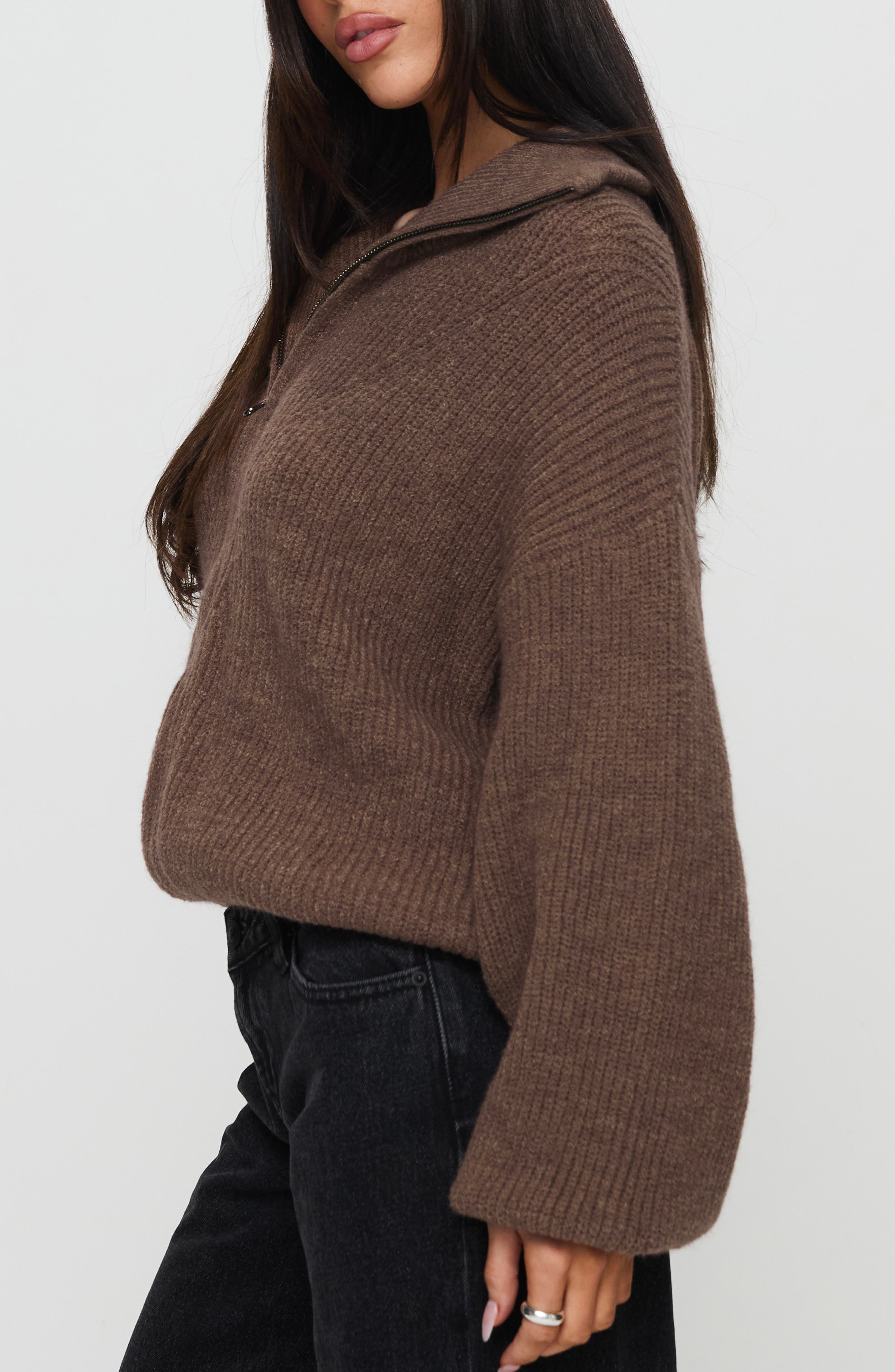  ブラウン ジップアップニット Princess Polly Herteford Zip Front Sweater (Women) | Nordstrom