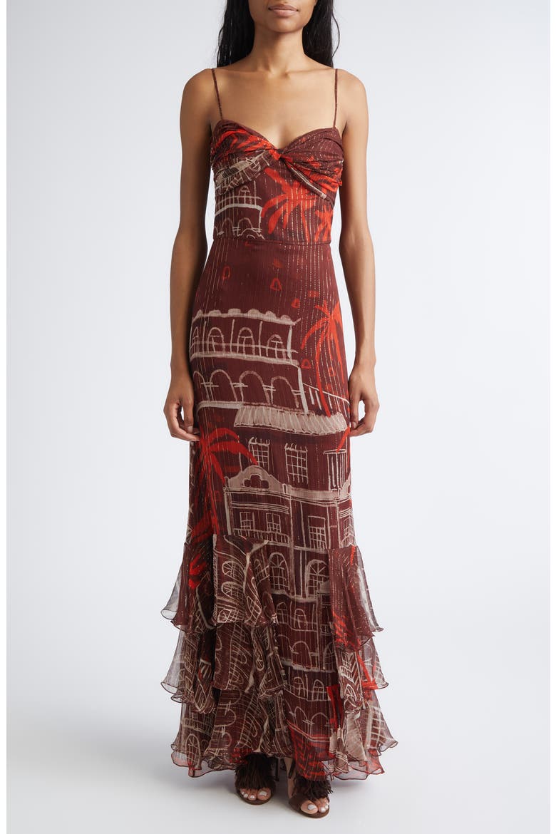 Pasos Nocturnos Print Tiered Metallic Crepe Maxi Dress, Main, color, WINE / RED