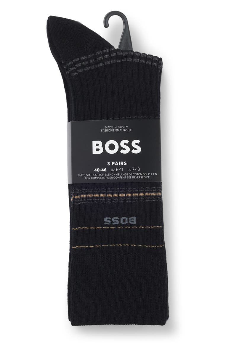 BOSS Assorted 3-Pack Ribbed Stripe & Solid Cotton Blend Dress Socks, Alternate, color, Black