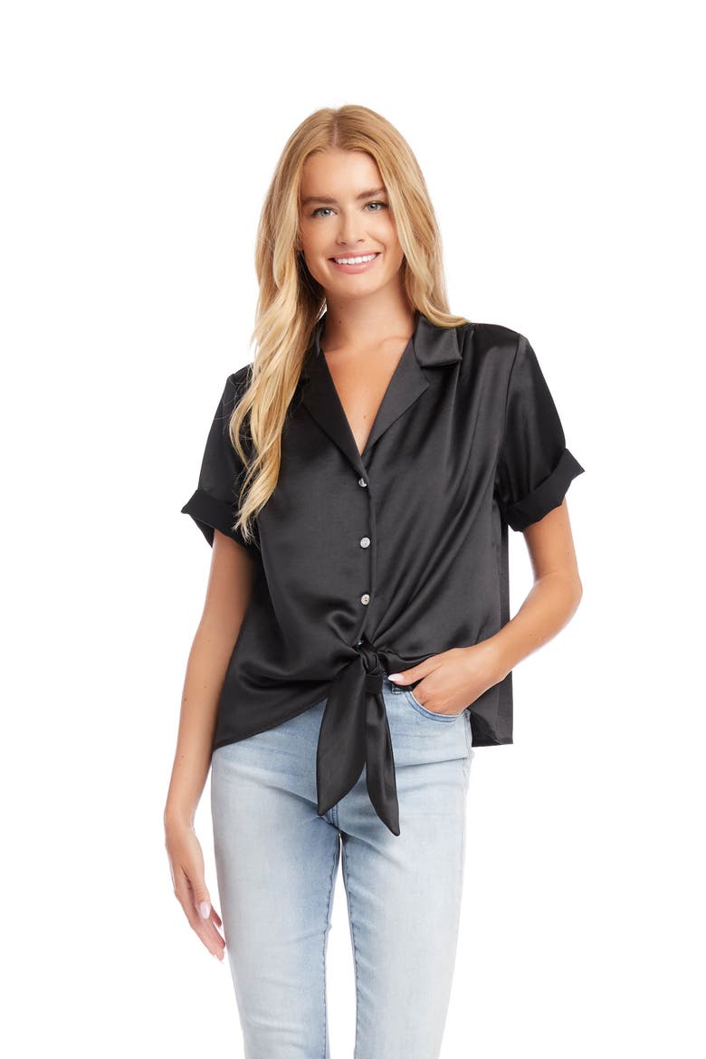 Roll Sleeve Tie Front Satin Top, Alternate, color, BLACK