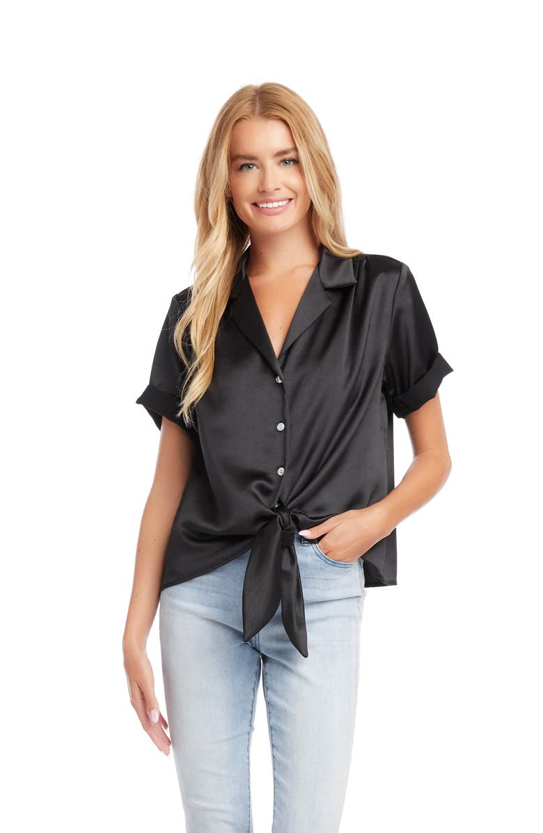 Karen Kane Roll Sleeve Tie Front Satin Top, Alternate, color,