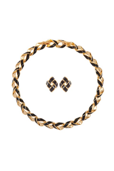 1990s Vintage D'Orlan Black Enamel Necklace and Earrings Set