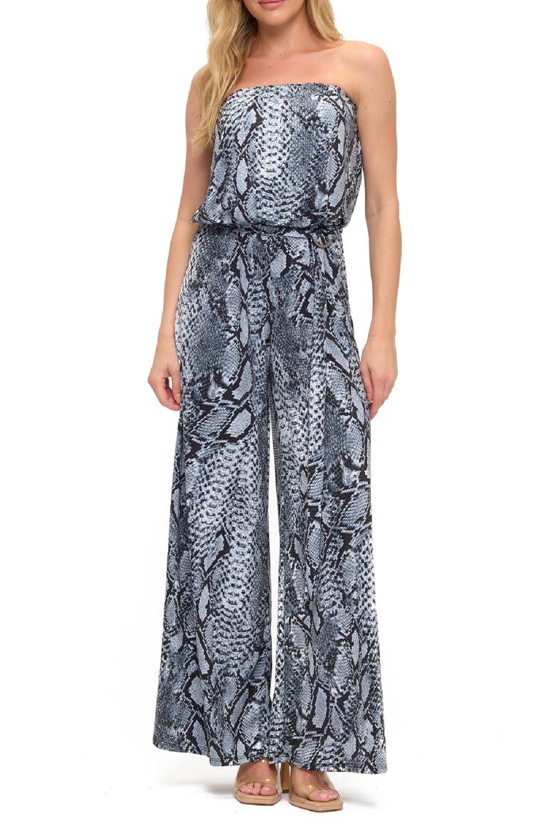 Snakeskin Print Wide Leg Strapless Jumpsuit, Main, color, BLUE REPTILE