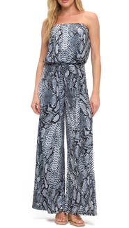 O.L. Snakeskin Print Wide Leg Strapless Jumpsuit