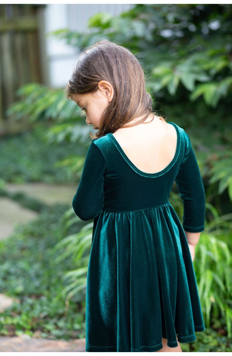 WORTHY THREADS Embroidered Velvet Holiday Twirly Dress, Alternate, color, Emerald Green