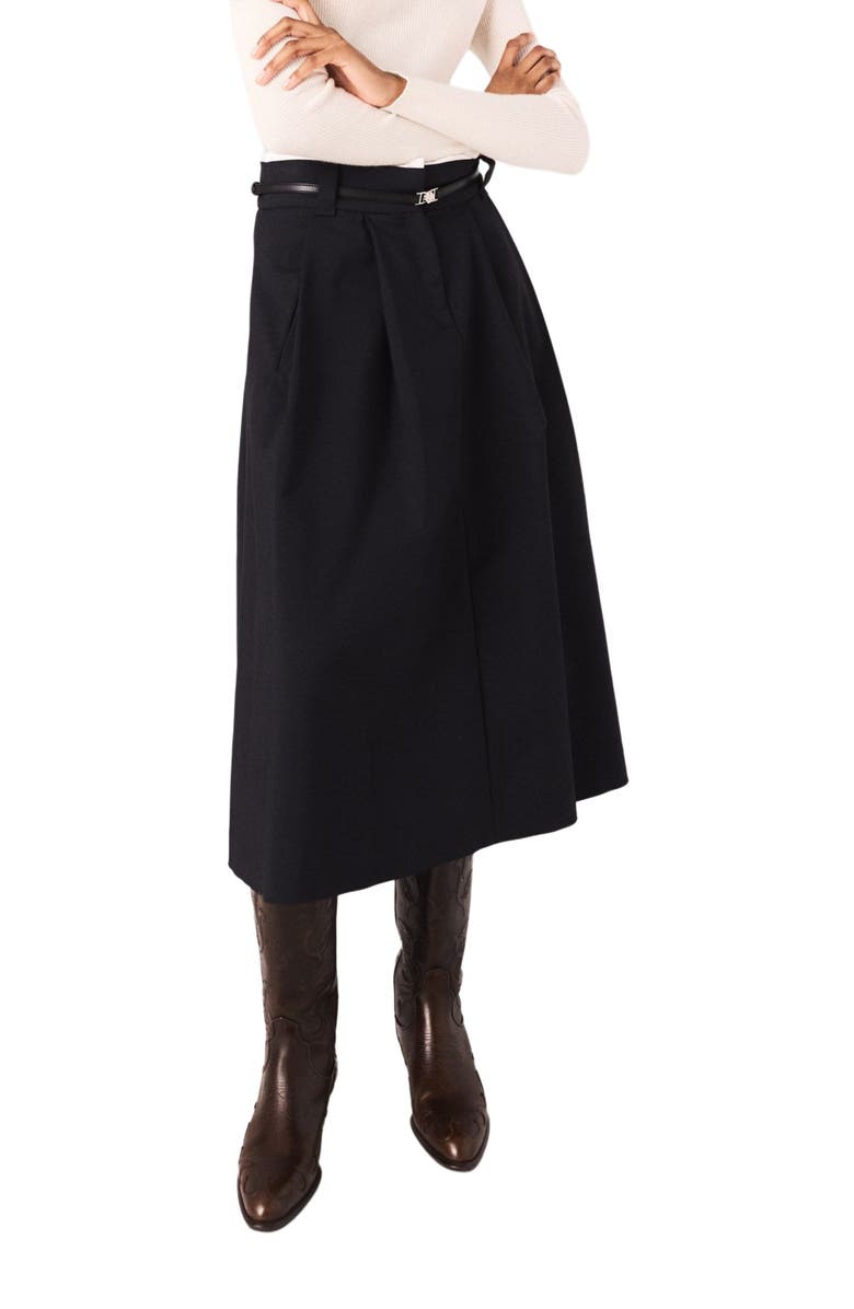 maje Long cotton skirt with belt, Alternate, color, Navy