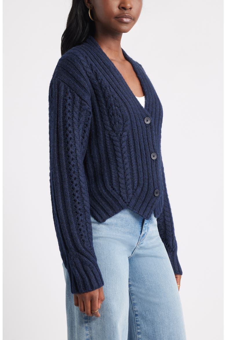 Chevron Hem Cable Cardigan, Alternate, color, NAVY STILL