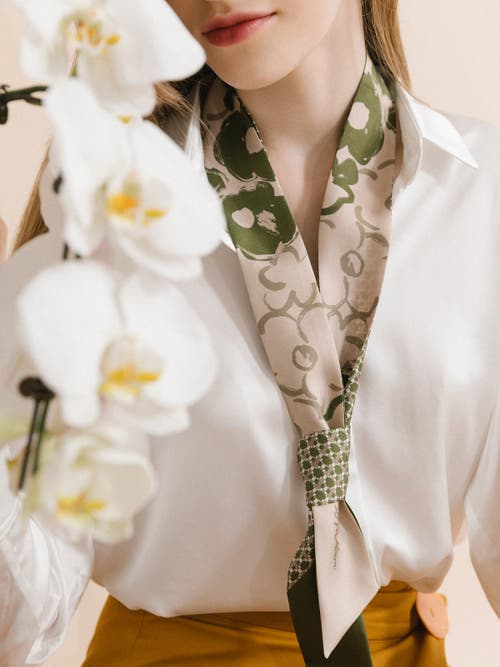 Lost Pattern Nyc "floral Houndstooth" Silk Skinny Scarf In Green