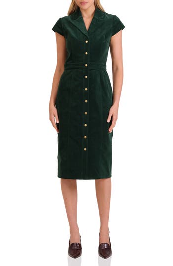 Avec Les Filles Short Sleeve Corduroy Dress In Green