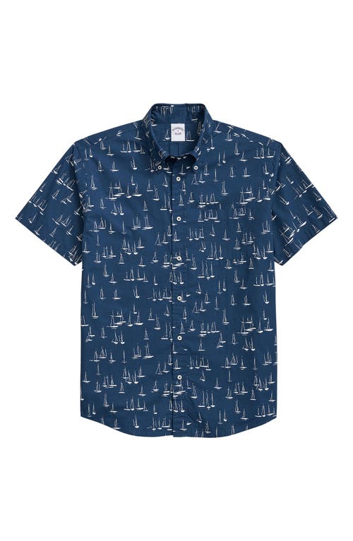 Brooks Brothers Boat Print Short Sleeve Cotton Button-down Shirt In Blue/white
