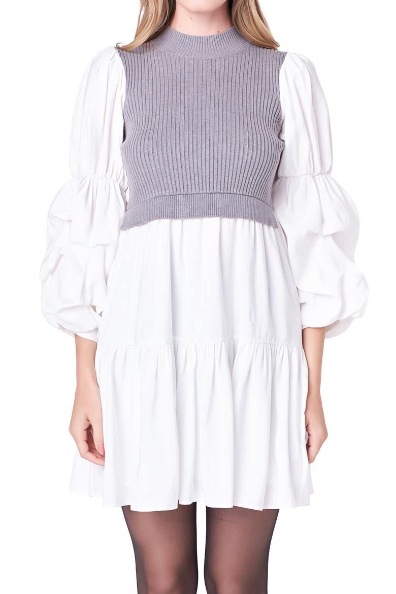 Mixed Media Long Sleeve Tiered Dress, Alternate, color, HEATHER GREY/WHITE