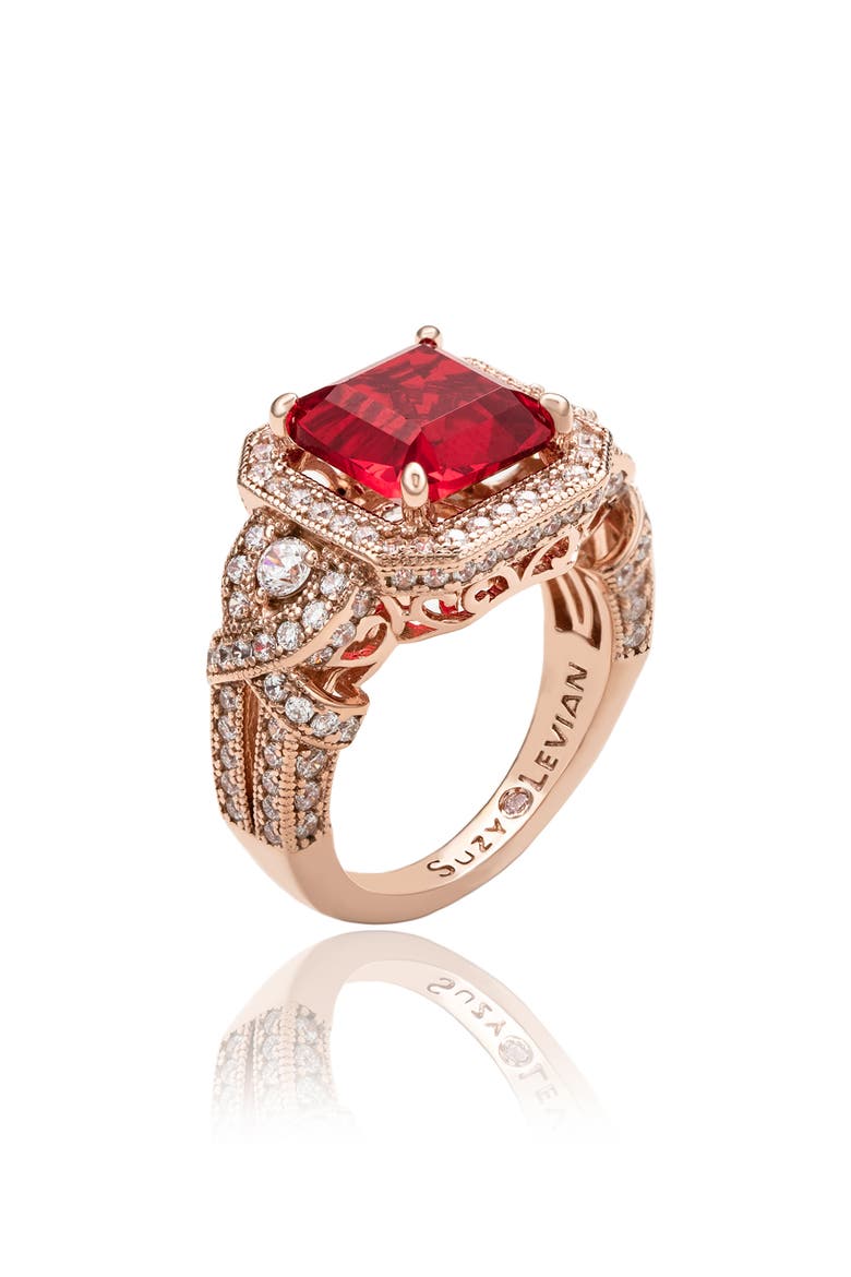 Pavé Cubic Zirconia Engagement Ring, Alternate, color, RED