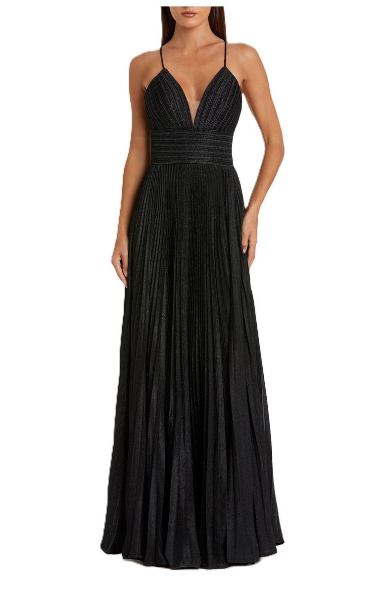 Mac Duggal Shimmer Pleated V-Neck Gown, Main, color, Black